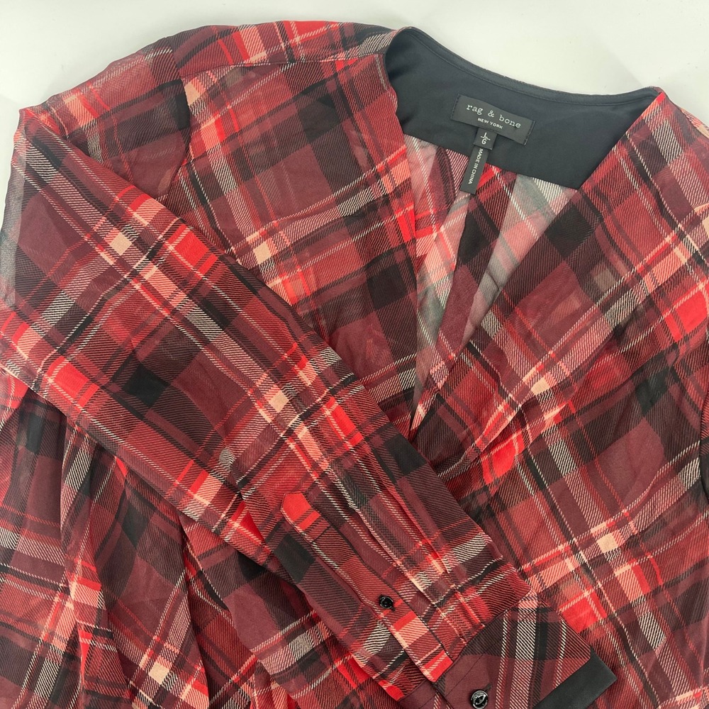 Rag & Bone Plaid Blouse Silk Blend Long Sleeve Top Red Black Size L‎